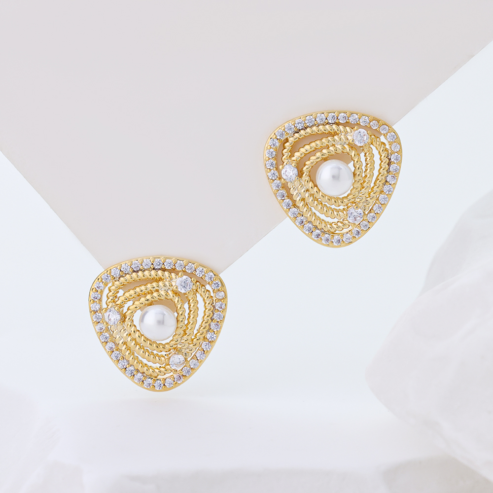 14K Gold Plated S925 Silver Triangle Pearl Stud Earrings, Hollow Twisted Rope Cubic Zirconia Earrings for Women