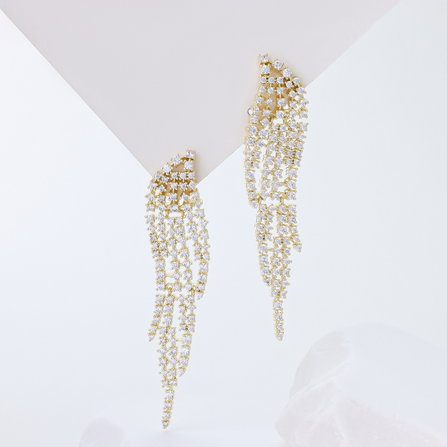 925 Sterling Silver Feather Tassel Earrings for Women, Cubic Zirconia Long Dangle Drop Earrings, Shiny Fringe Chandelier Earrings for Wedding Bridal Party