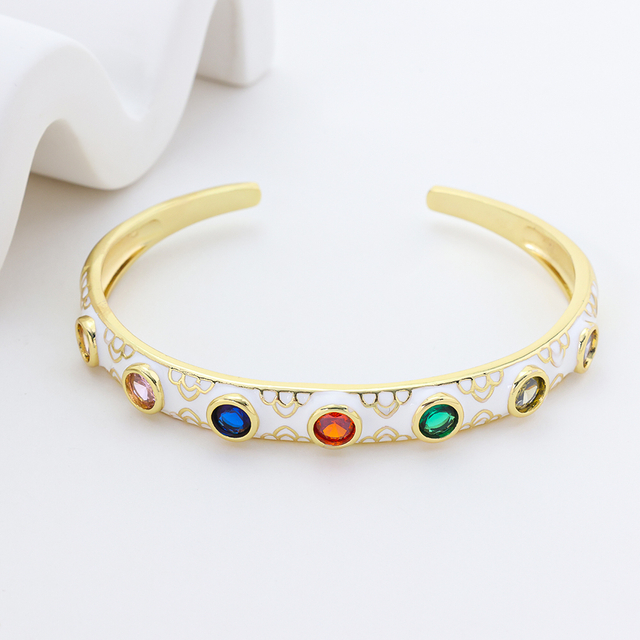 Vintage Enamel Colorful Zircon Cuff Bracelet / Gold Plated White Cloisonne Bangle with Multi-color Stones