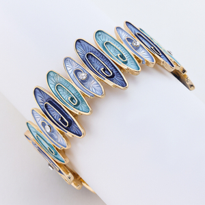 Vintage Blue Enamel Feather Bangle Bracelet for Women, 925 Sterling Silver, Cubic Zirconia Inlaid, Boho Chic Jewelry Gift