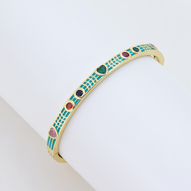 【Vintage Glam】Enamel Grid Cuff Bracelet with Gold-Plated Zircon & Heart Gemstone