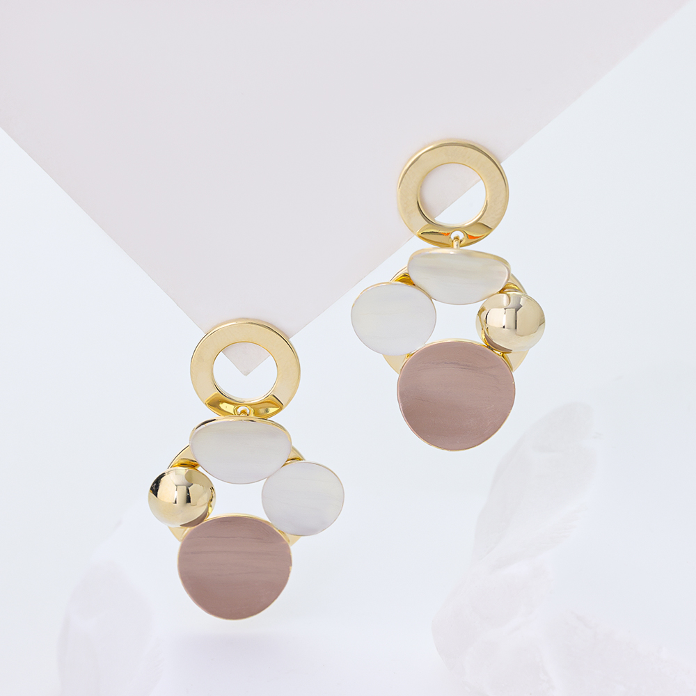 14k Gold Plated Silver Geometric Circle Dangle Earrings, Minimalist Shell & Metal Drop Earrings, Fashion Statement Jewelry for Women