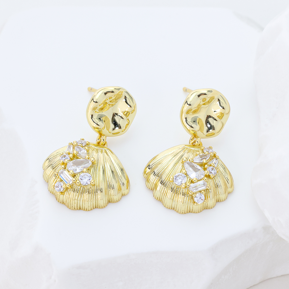  925 Sterling Silver Gold Vermeil Earrings with Scallop Shell Design and Mixed Cut Cubic Zirconia