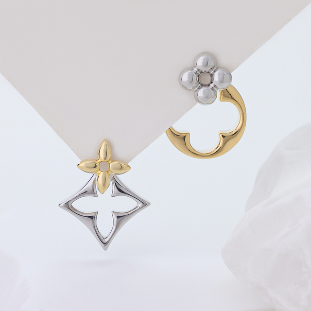1Two‑Tone S925 Sterling Silver Asymmetrical Clover Flower Stud Earrings for Women, Hypoallergenic Cut‑out Lightweight Fashion Jewelry Gift