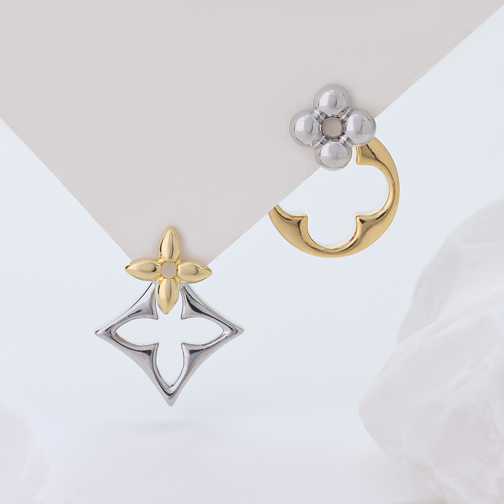 1Two‑Tone S925 Sterling Silver Asymmetrical Clover Flower Stud Earrings for Women, Hypoallergenic Cut‑out Lightweight Fashion Jewelry Gift