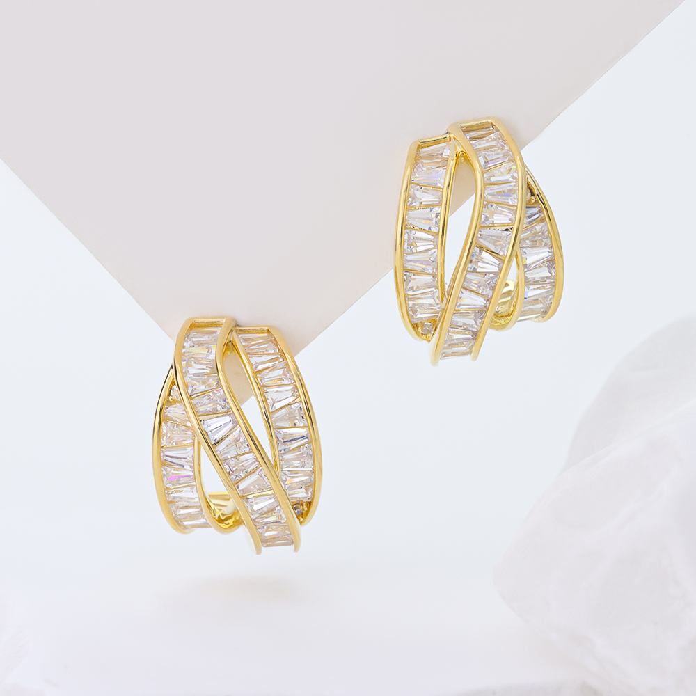 14K Gold Plated Sterling Silver Criss Cross Hoop Earrings, Baguette Cut Cubic Zirconia Twisted Cuff Earrings for Women
