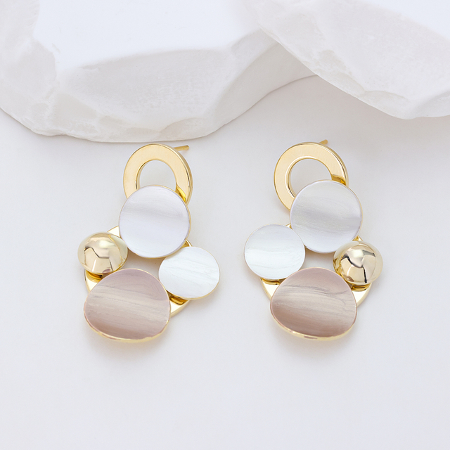 14k Gold Plated Silver Geometric Circle Dangle Earrings, Minimalist Shell & Metal Drop Earrings, Fashion Statement Jewelry for Women