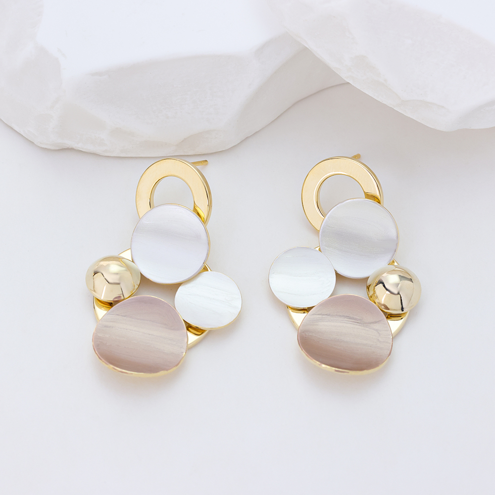 14k Gold Plated Silver Geometric Circle Dangle Earrings, Minimalist Shell & Metal Drop Earrings, Fashion Statement Jewelry for Women