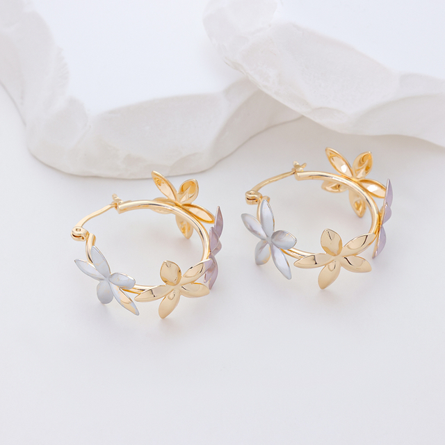 Sterling Silver Flower Hoop Earrings for Women, Two-Tone Gold Plated Floral Huggie Earrings, Minimalist Delicate Flower Jewelry Gift for Her