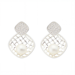 925 Silver Elegant Shall Pearl Stud Earrings with Zirconia – Vintage Gold Fan Shape Rhodium Earrings