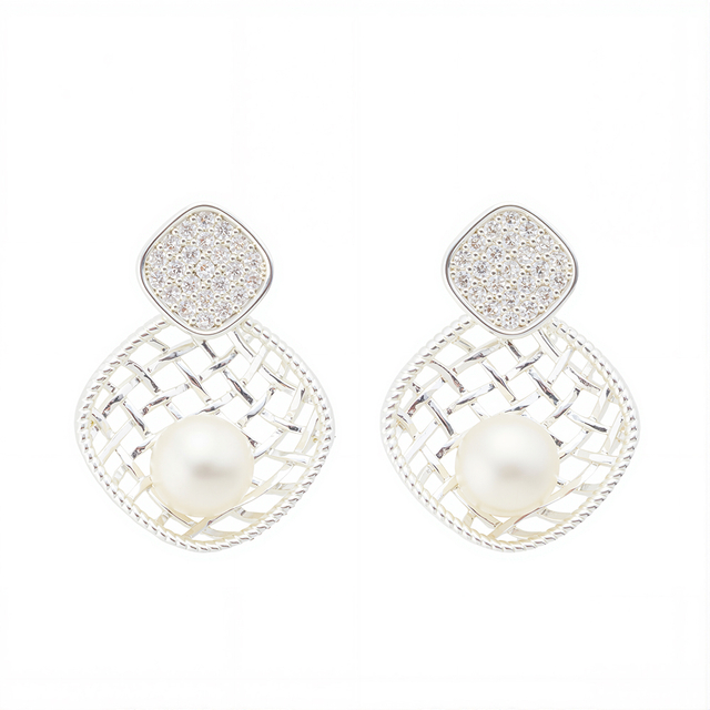 925 Silver Elegant Shall Pearl Stud Earrings with Zirconia – Vintage Gold Fan Shape Rhodium Earrings