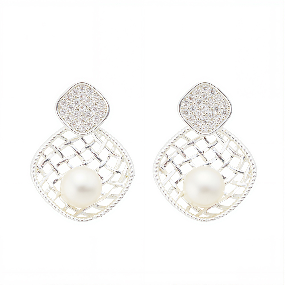 925 Silver Elegant Shall Pearl Stud Earrings with Zirconia – Vintage Gold Fan Shape Rhodium Earrings