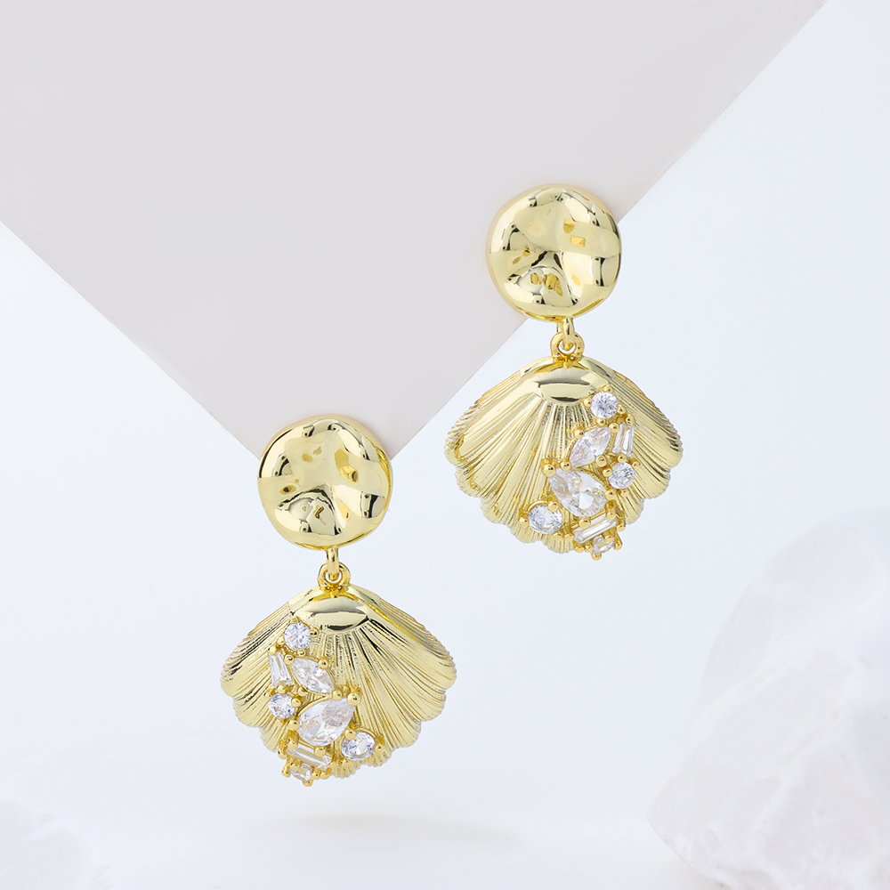  925 Sterling Silver Gold Vermeil Earrings with Scallop Shell Design and Mixed Cut Cubic Zirconia