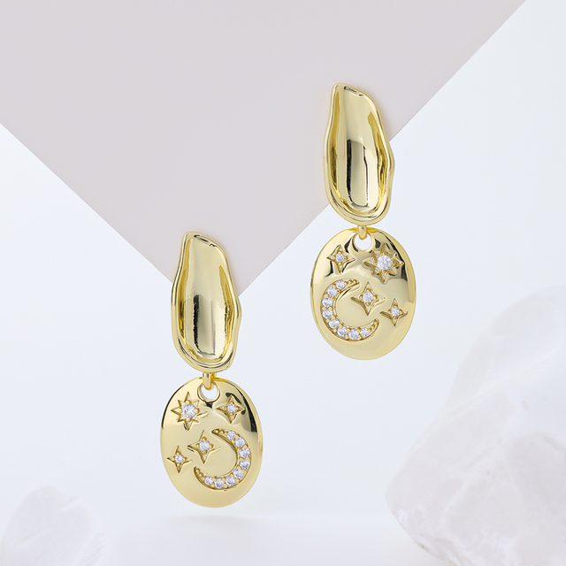 Star & Moon Round Disc Stud Earrings | Gold - Plated Zirconia (Silver - Based) Elegant Vintage Ear Jewelry