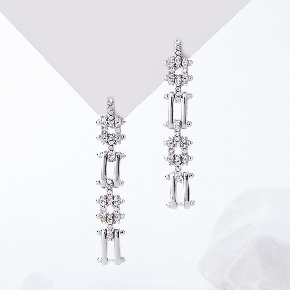 Sterling Silver Geometric Link Chain Drop Earrings with Cubic Zirconia