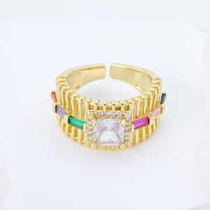 S925 Silver Gold Plated Multi color CZ Wide Open Ring