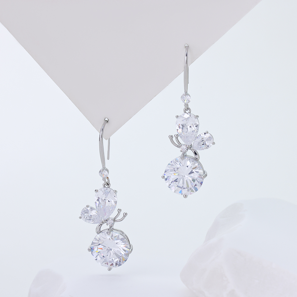 Rhodium‑Plated Butterfly CZ Dangle Earrings, S925 Sterling Silver Fish Hook Earrings for Women Statement Jewelry