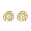 S925 Sterling Silver Stud Earrings, 14K Gold Plated Hollow Floral Earrings with Pearl & Cubic Zirconia for Women