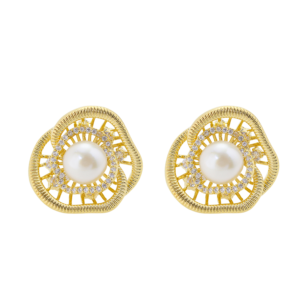 S925 Sterling Silver Stud Earrings, 14K Gold Plated Hollow Floral Earrings with Pearl & Cubic Zirconia for Women