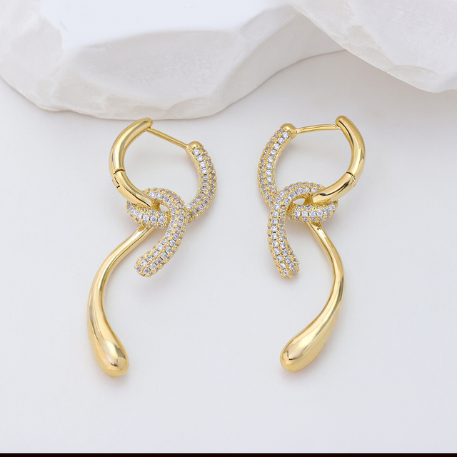 14K Gold Plated S925 Silver Knot Teardrop Dangle Hoop Earrings, 3A CZ Pave Statement Earrings