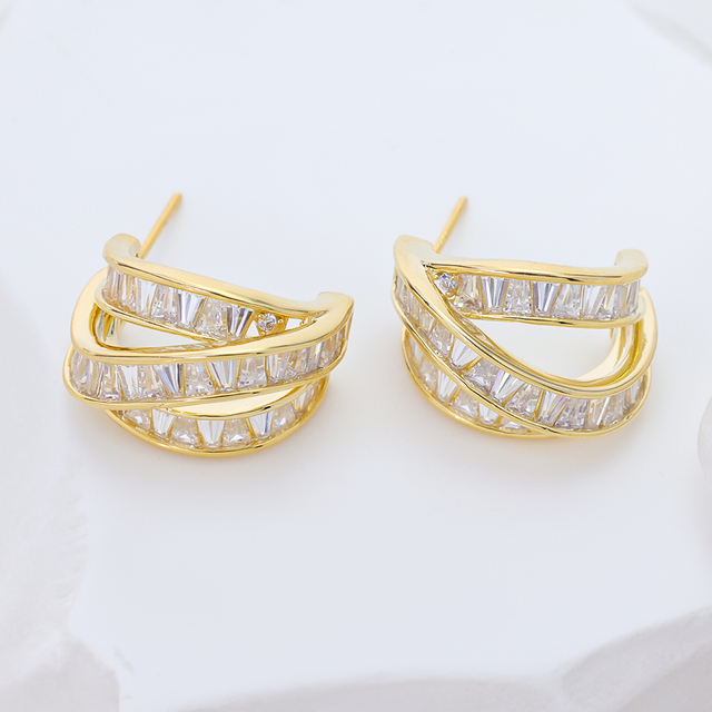 14K Gold Plated Sterling Silver Criss Cross Hoop Earrings, Baguette Cut Cubic Zirconia Twisted Cuff Earrings for Women