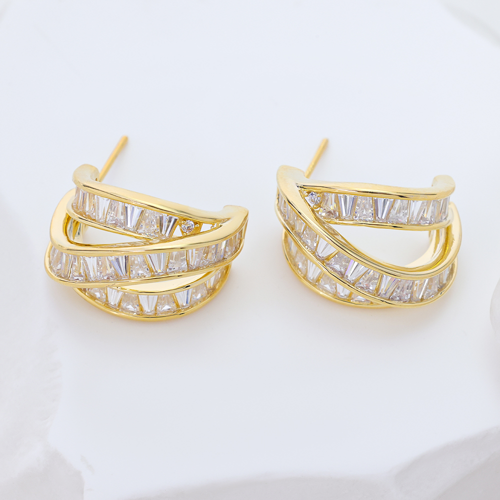 14K Gold Plated Sterling Silver Criss Cross Hoop Earrings, Baguette Cut Cubic Zirconia Twisted Cuff Earrings for Women