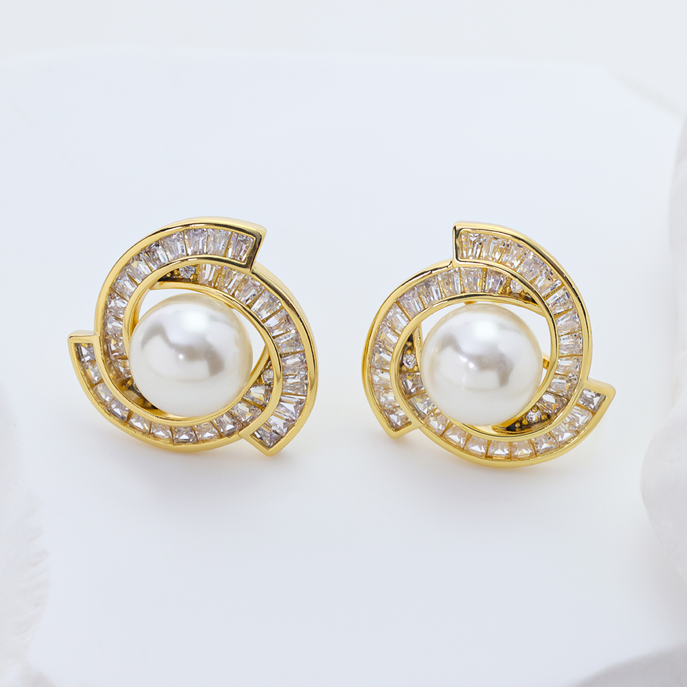Women Elegant Twisted Spiral Faux Pearl Stud Earrings, S925 Sterling Silver Base 14K Gold Plated Circle Earrings Decorated