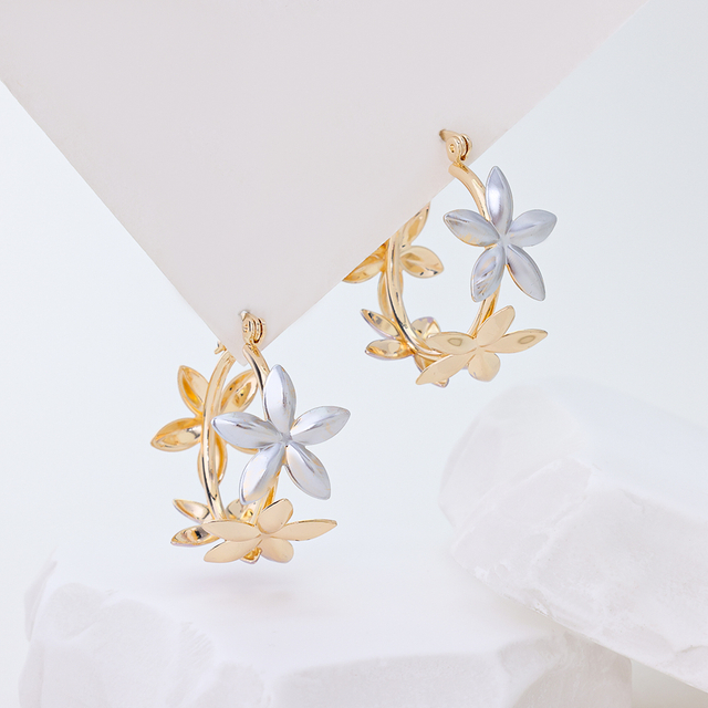 Sterling Silver Flower Hoop Earrings for Women, Two-Tone Gold Plated Floral Huggie Earrings, Minimalist Delicate Flower Jewelry Gift for Her