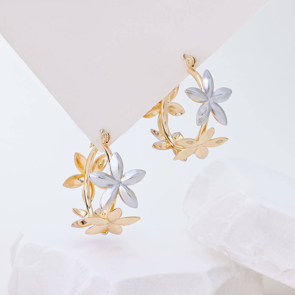 Sterling Silver Flower Hoop Earrings for Women, Two-Tone Gold Plated Floral Huggie Earrings, Minimalist Delicate Flower Jewelry Gift for Her