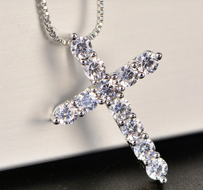 925 Silver CZ Cross Rhodium Plated Necklace Faith Wear