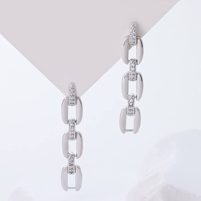 Minimalist Chain Link Earrings with Zircon / Geometric Drop Earrings