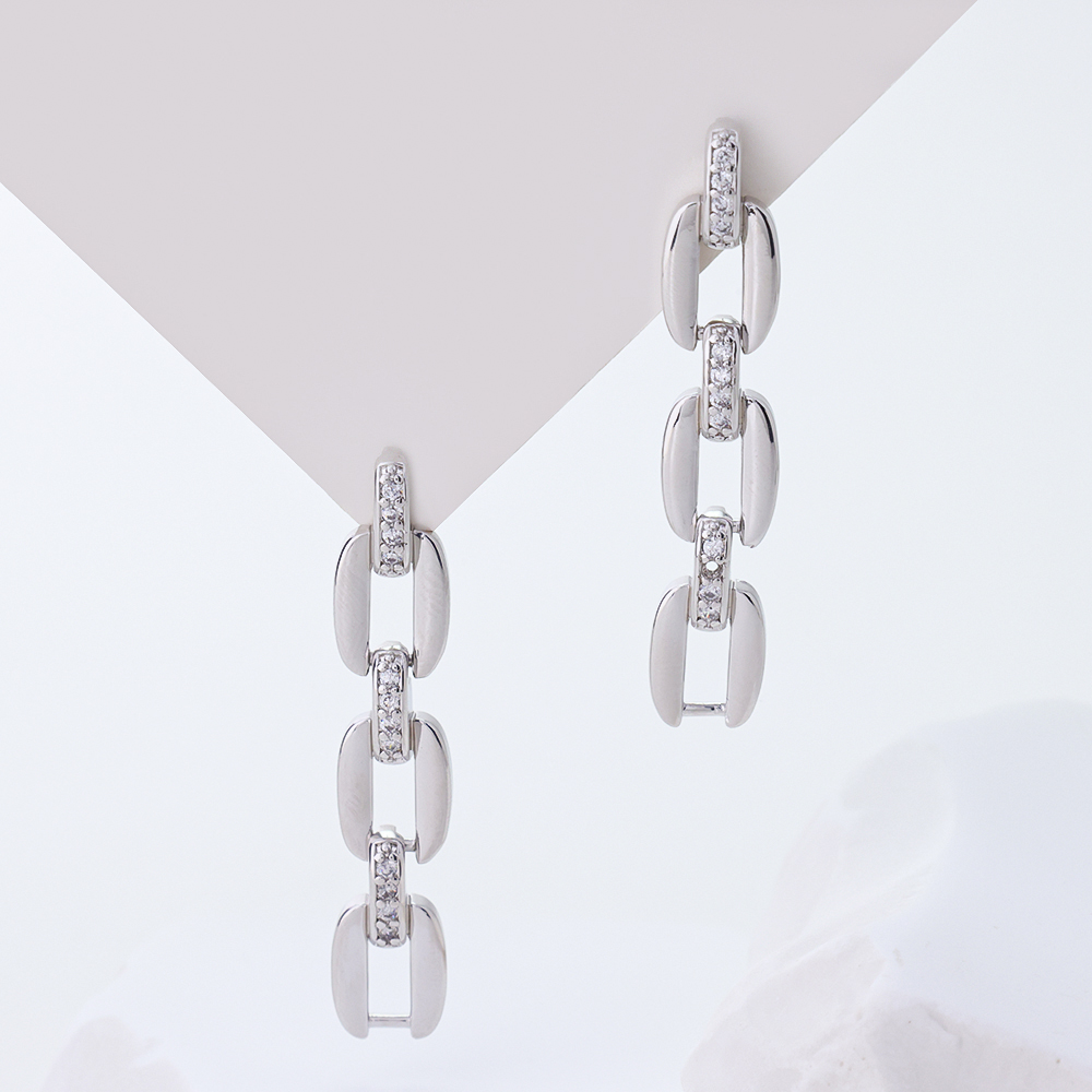 Minimalist Chain Link Earrings with Zircon / Geometric Drop Earrings