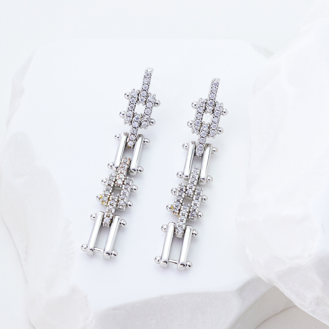 Sterling Silver Geometric Link Chain Drop Earrings with Cubic Zirconia