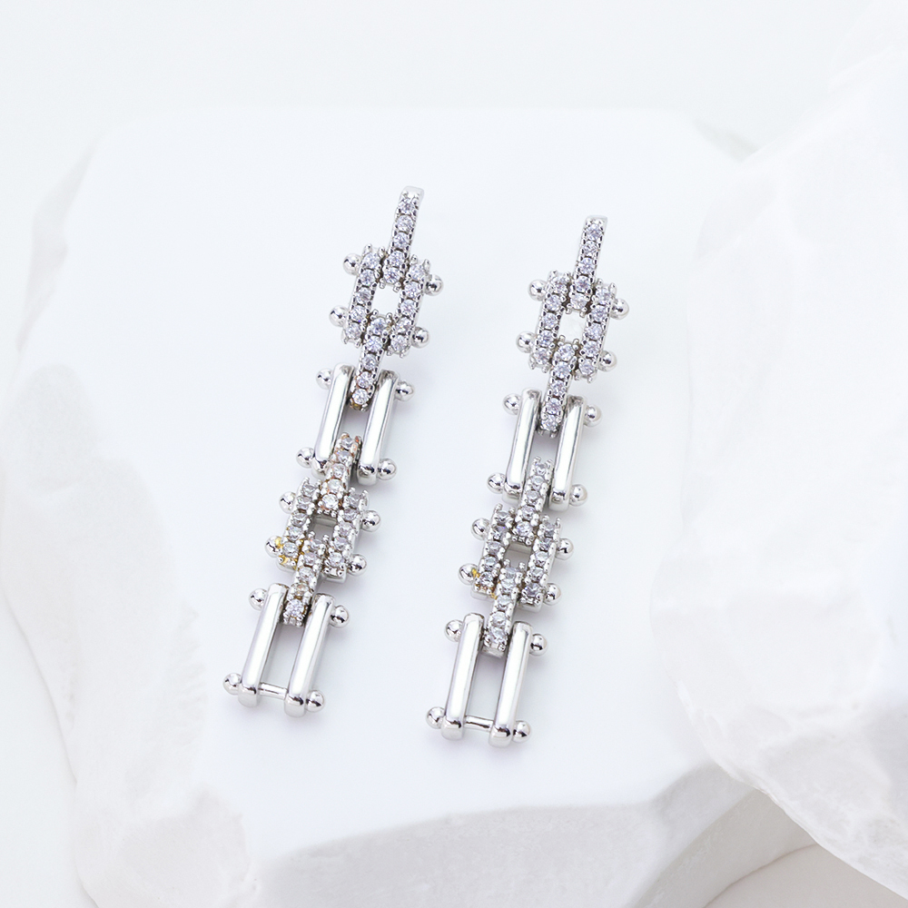 Sterling Silver Geometric Link Chain Drop Earrings with Cubic Zirconia