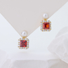 Intage Red Square Garnet Crystal Pearl Drop Stud Earrings Luxury Gold Wedding Jewelry Earrings