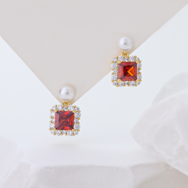 Intage Red Square Garnet Crystal Pearl Drop Stud Earrings Luxury Gold Wedding Jewelry Earrings