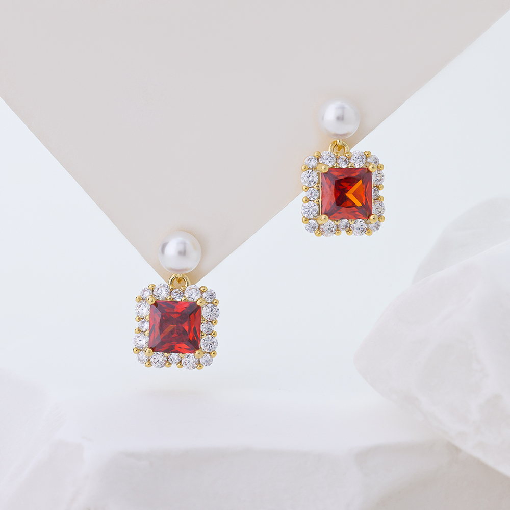 Intage Red Square Garnet Crystal Pearl Drop Stud Earrings Luxury Gold Wedding Jewelry Earrings