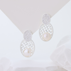 Sterling Silver Pineapple Woven Mesh Drop Earrings for Women, Oval Paved AAA Cubic Zirconia & Natural Freshwater Pearl Hollow Statement Dangle Earrings Elegant Bridal Wedding Jewelry Gift