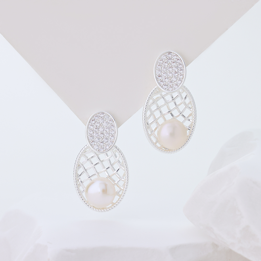 Sterling Silver Pineapple Woven Mesh Drop Earrings for Women, Oval Paved AAA Cubic Zirconia & Natural Freshwater Pearl Hollow Statement Dangle Earrings Elegant Bridal Wedding Jewelry Gift