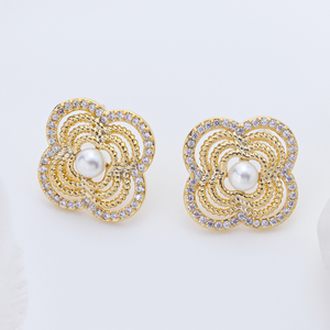 14K Gold Plated S925 Sterling Silver Four Leaf Clover Stud Earrings, Hollow Twisted Floral Earrings Inlaid 3A Cubic Zirconia & Pearl, Vintage Flower Jewelry Gift for Women