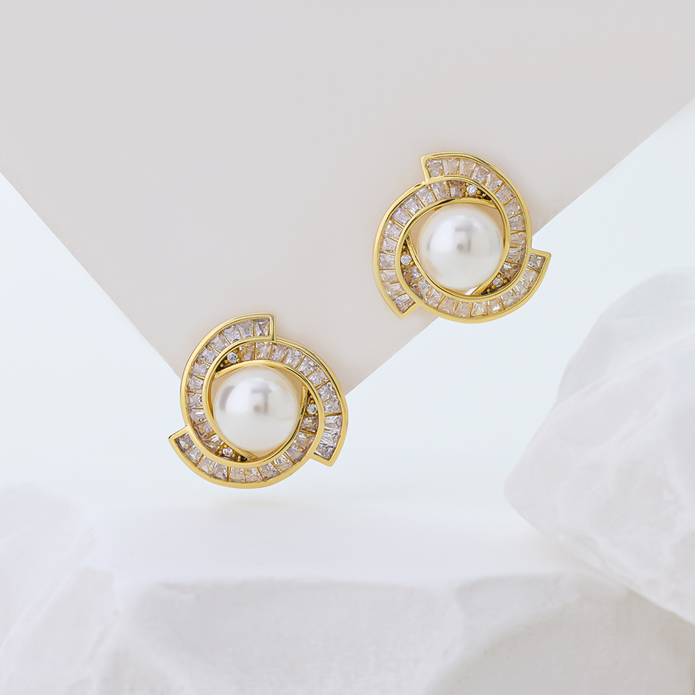 Women Elegant Twisted Spiral Faux Pearl Stud Earrings, S925 Sterling Silver Base 14K Gold Plated Circle Earrings Decorated