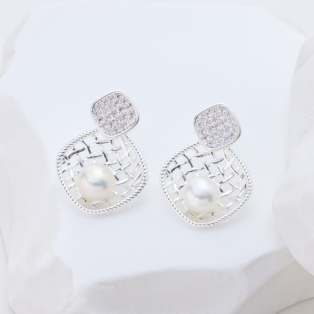 925 Silver Elegant Shall Pearl Stud Earrings with Zirconia – Vintage Gold Fan Shape Rhodium Earrings