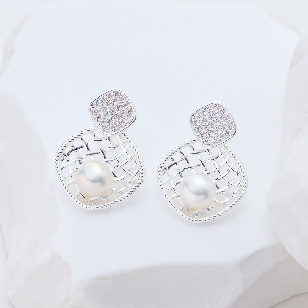 925 Silver Elegant Shall Pearl Stud Earrings with Zirconia – Vintage Gold Fan Shape Rhodium Earrings