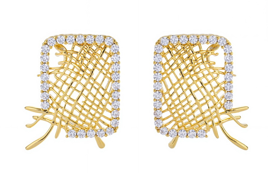 18k Gold Plated 5A CZ Grid Stud Earrings Women Party