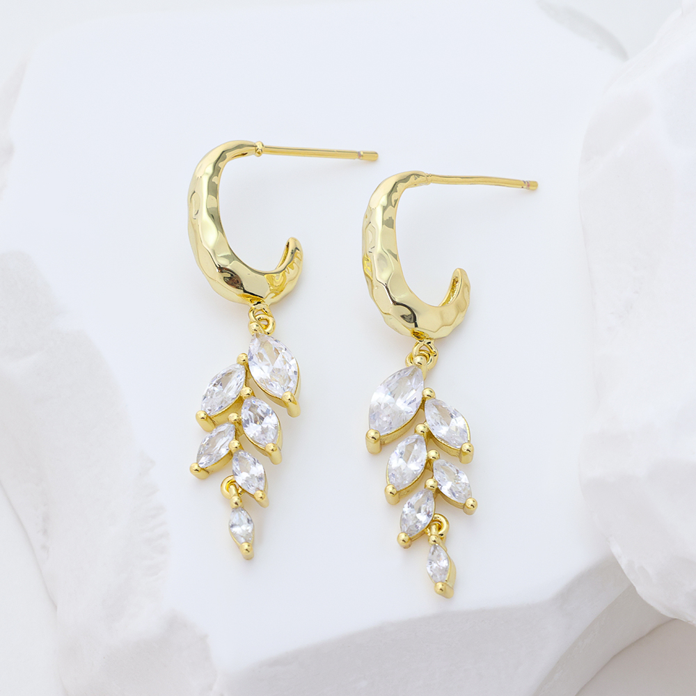 Textured Gold Vermeil Marquise Zirconia Cluster Drop Earrings with Cascading Teardrop Design