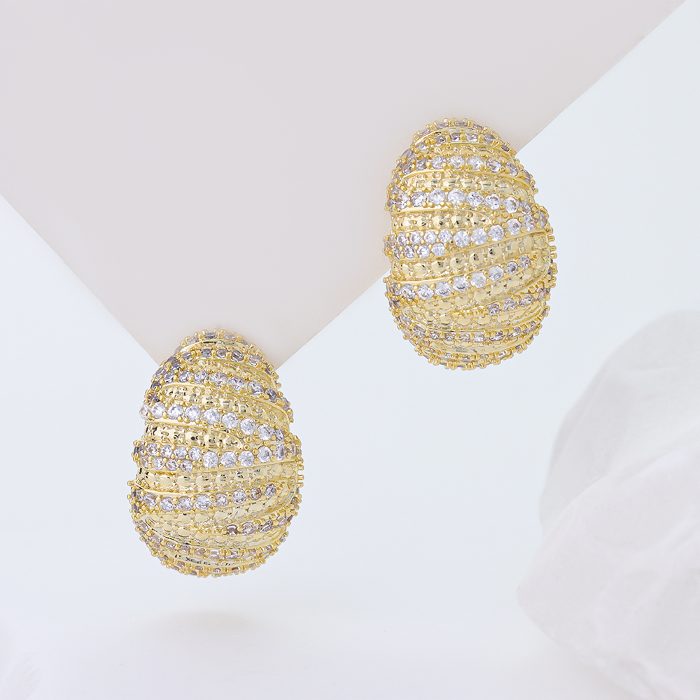Women S925 Silver Statement Earrings 3A CZ Pave Spiral Curved Chunky Stud Earrings