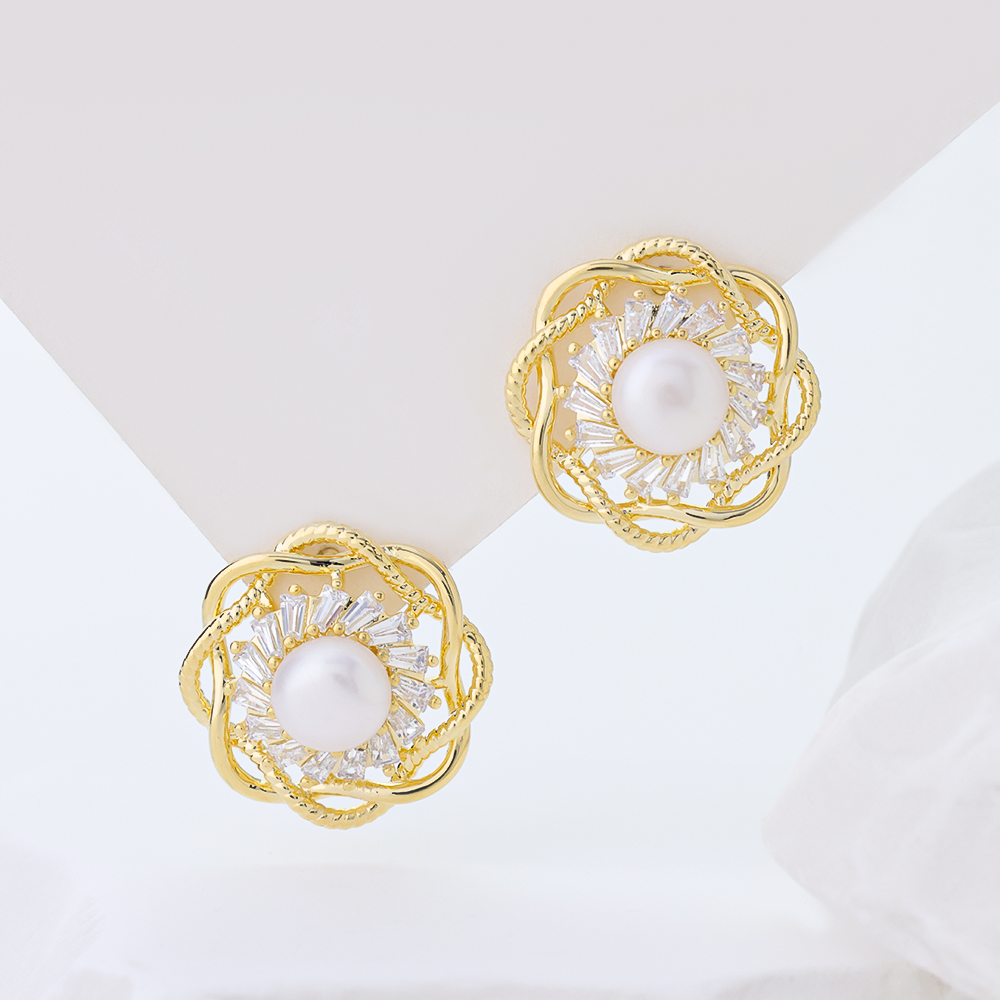 14K Gold Plated S925 Sterling Silver Pearl Stud Earrings, Paved Cubic Zirconia Swirl Flower Freshwater Pearl Statement Earrings for Women Wedding Party