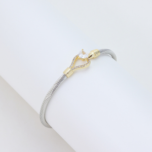 Elegant Heart-Shaped Zircon Cable Bracelet – 18K Gold Plated Stainless Steel Twisted Wire Bangle for Women | Romantic Gift for Her