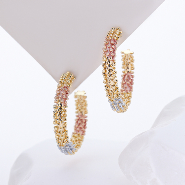 925 Sterling Silver Wheat Inspired C Hoop Earrings for Women Two Tone Beaded Open Circle Earrings Gold Pink Silver Minimalist Jewelry Gift