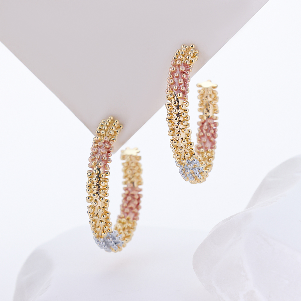 925 Sterling Silver Wheat Inspired C Hoop Earrings for Women Two Tone Beaded Open Circle Earrings Gold Pink Silver Minimalist Jewelry Gift